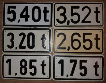 DDR Ostalgie Gewichtsangabe Schild 1,75t 1,85t 2,65t 3,20t 3,52t 5,40t Kfz